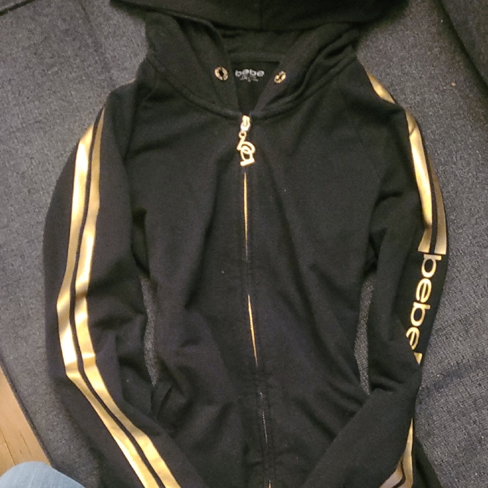 Bebe Black Hoodie with Gold Stripes